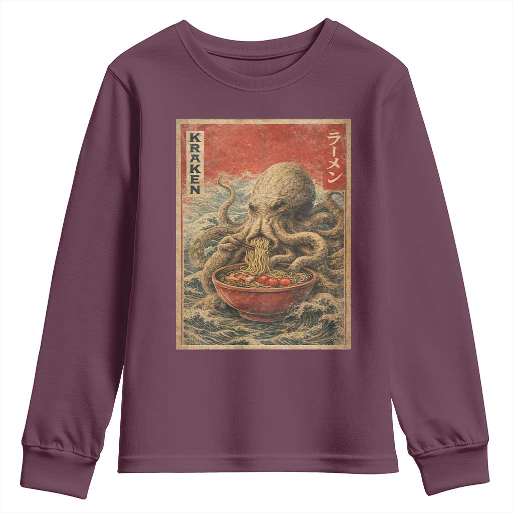 Sea Monster Eating Ramen Youth Sweatshirt Vintage Graphic Japanese Lover Ukiyo-e Art TS10 Maroon Print Your Wear