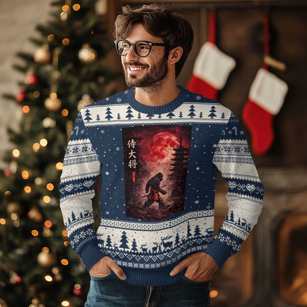 Samurai Bigfoot Ugly Christmas Sweater Vintage Japanese Graphic Ukiyo-e Art Sasquatch Red Moon TS10 Navy Beige Print Your Wear