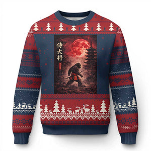 Samurai Bigfoot Ugly Christmas Sweater Vintage Japanese Graphic Ukiyo-e Art Sasquatch Red Moon TS10 Navy Red Print Your Wear