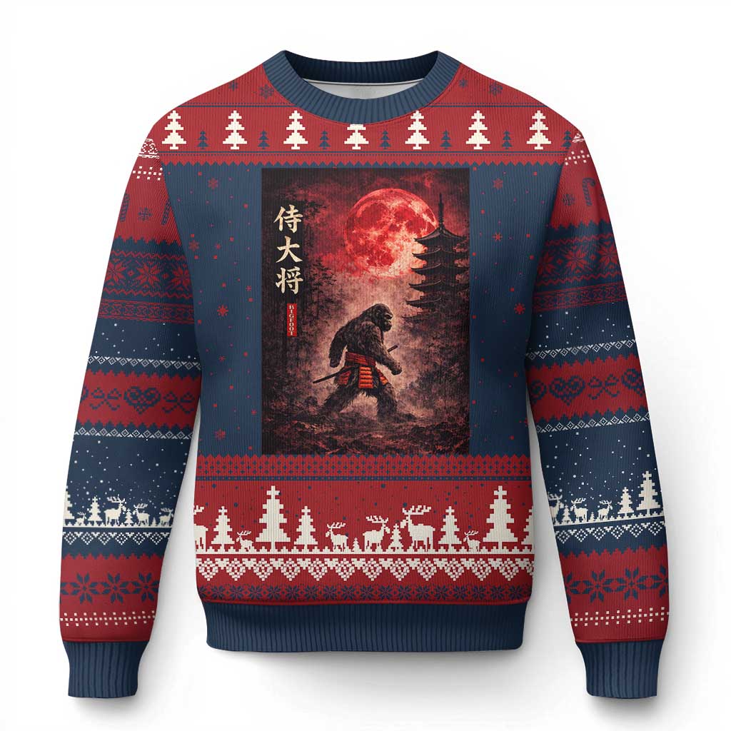 Samurai Bigfoot Ugly Christmas Sweater Vintage Japanese Graphic Ukiyo-e Art Sasquatch Red Moon TS10 Navy Red Print Your Wear
