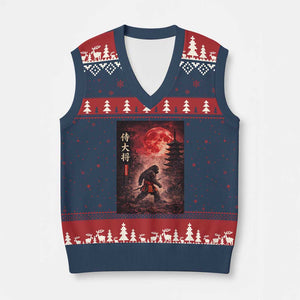 Samurai Bigfoot V-Neck Knit Sweater Vest Vintage Japanese Graphic Ukiyo-e Art Sasquatch Red Moon TS10 Navy Red Print Your Wear