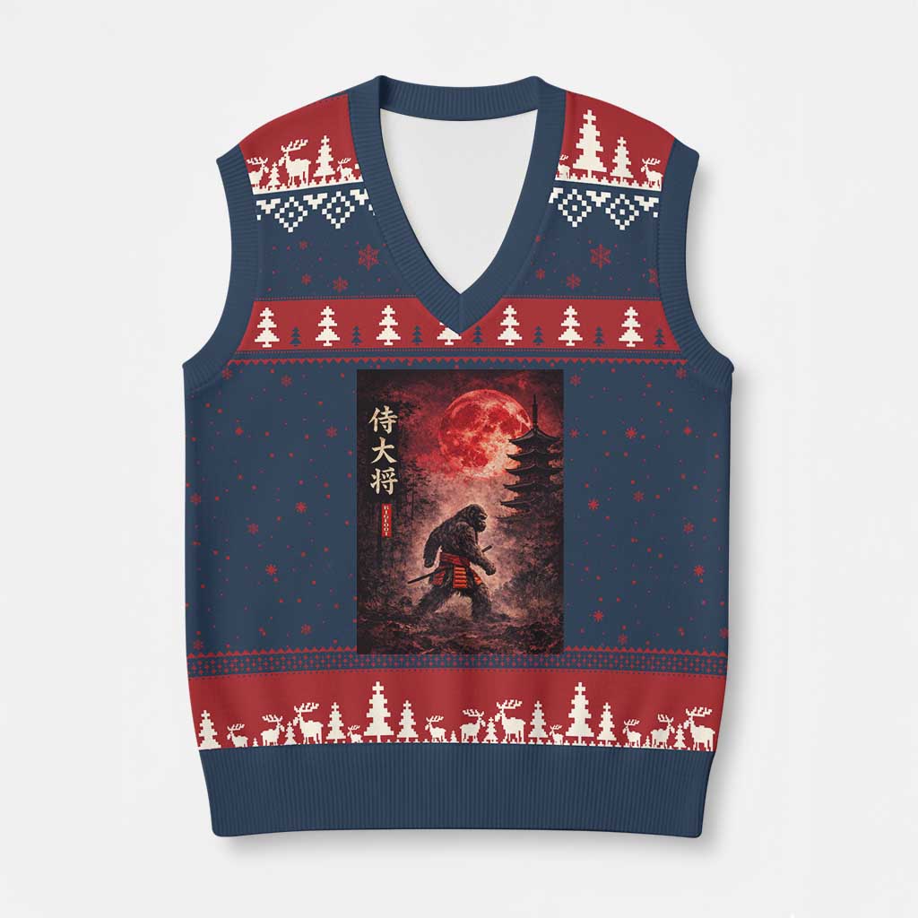 Samurai Bigfoot V-Neck Knit Sweater Vest Vintage Japanese Graphic Ukiyo-e Art Sasquatch Red Moon TS10 Navy Red Print Your Wear