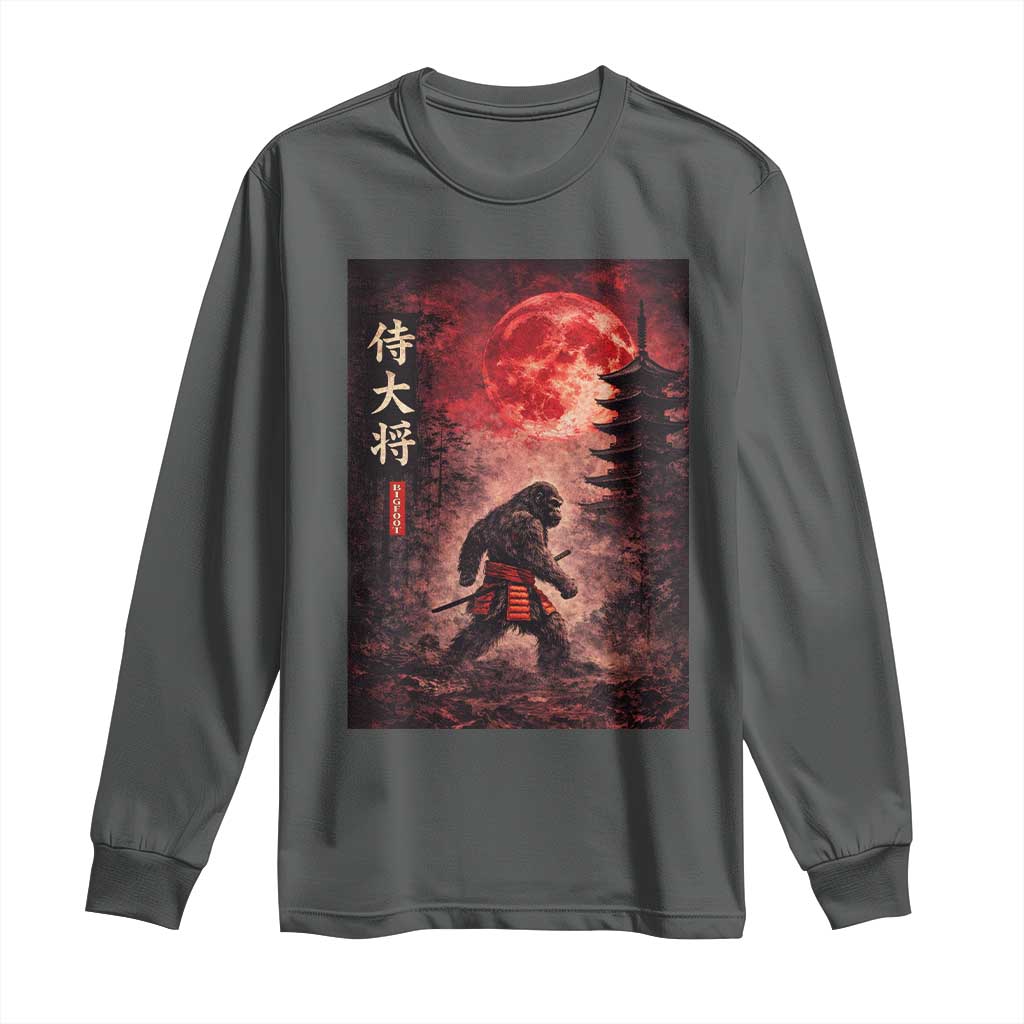 Samurai Bigfoot Long Sleeve Shirt Vintage Japanese Graphic Ukiyo-e Art Sasquatch Red Moon TS10 Dark Heather Print Your Wear