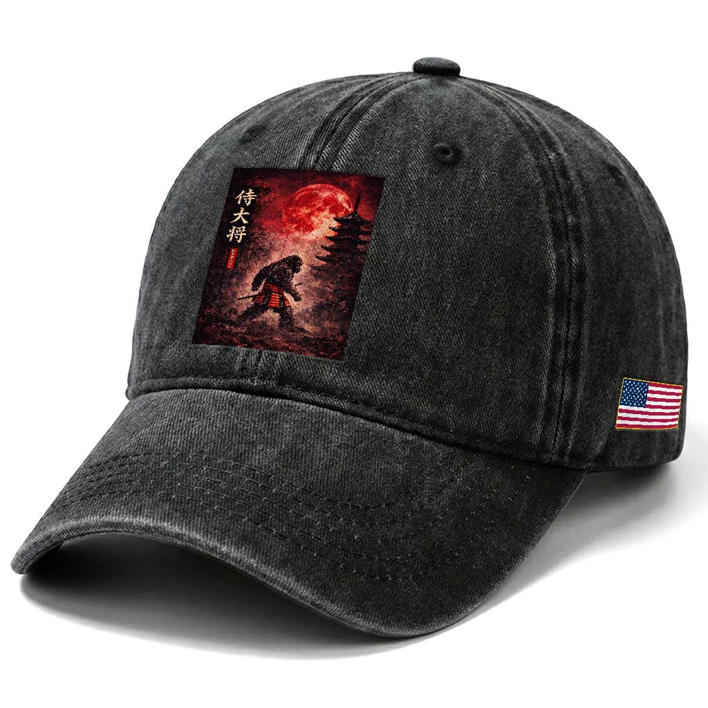 Samurai Bigfoot Washed Cotton Baseball Cap Vintage Japanese Graphic Ukiyo-e Art Sasquatch Red Moon TS10 Print Your Wear