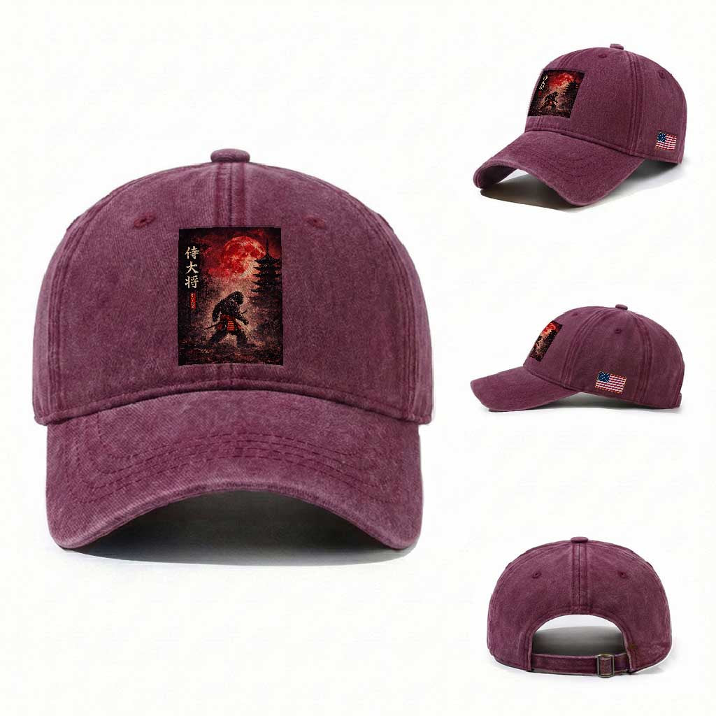 Samurai Bigfoot Washed Cotton Baseball Cap Vintage Japanese Graphic Ukiyo-e Art Sasquatch Red Moon TS10 Washed Cap Universal Fit Burgundy Print Your Wear