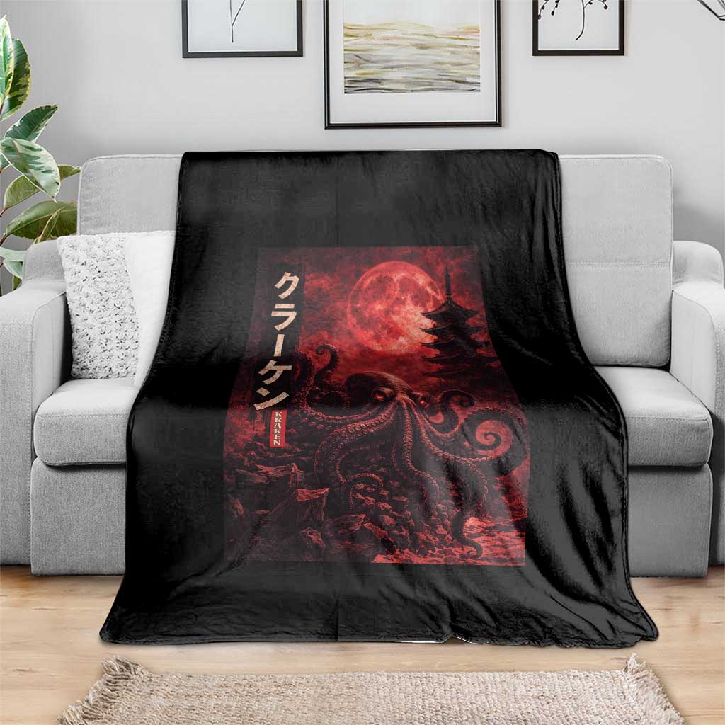 Vintage Sea Monster Throw Blanket Horror Japanese Octopus Mythology Temple Red Moon TS10 Print Your Wear