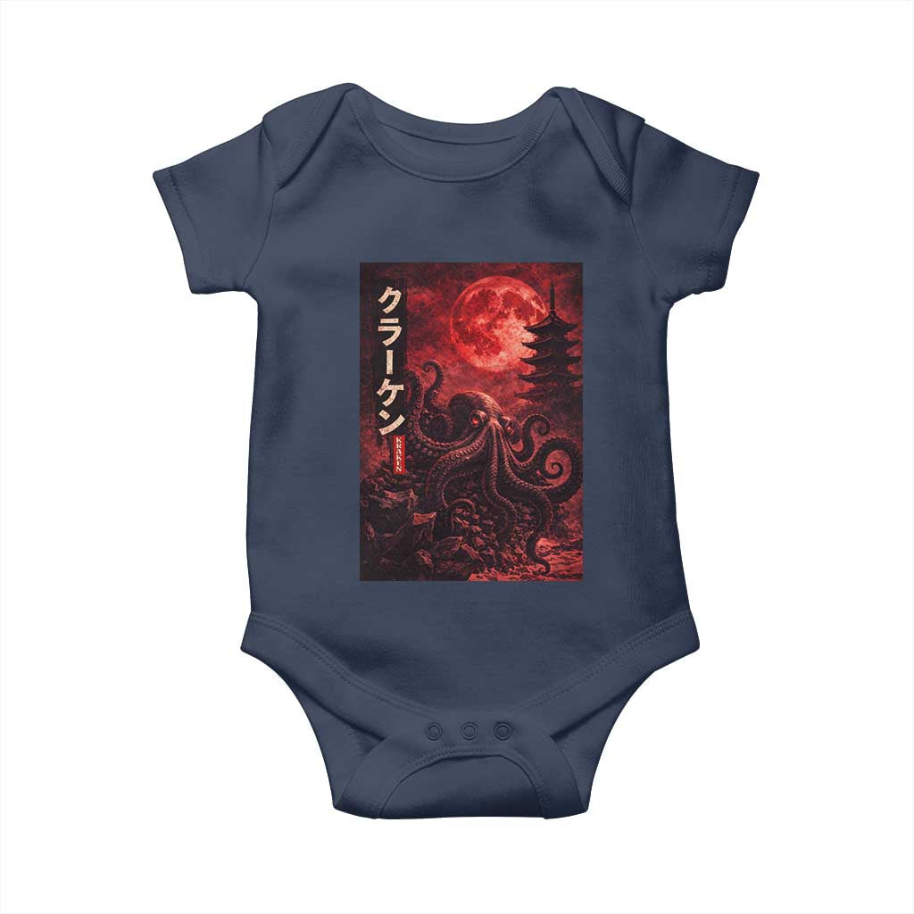 Vintage Sea Monster Baby Onesie Horror Japanese Octopus Mythology Temple Red Moon TS10 Navy Print Your Wear