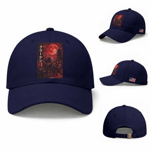 Vintage Sea Monster Baseball Cap Horror Japanese Octopus Mythology Temple Red Moon TS10 Baseball Cap Universal Fit Dark Blue Print Your Wear