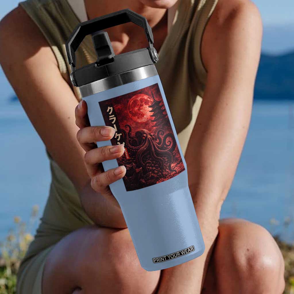Vintage Sea Monster Flip Straw Tumbler Horror Japanese Octopus Mythology Temple Red Moon TS10 One Size: 30 oz Light Blue Print Your Wear