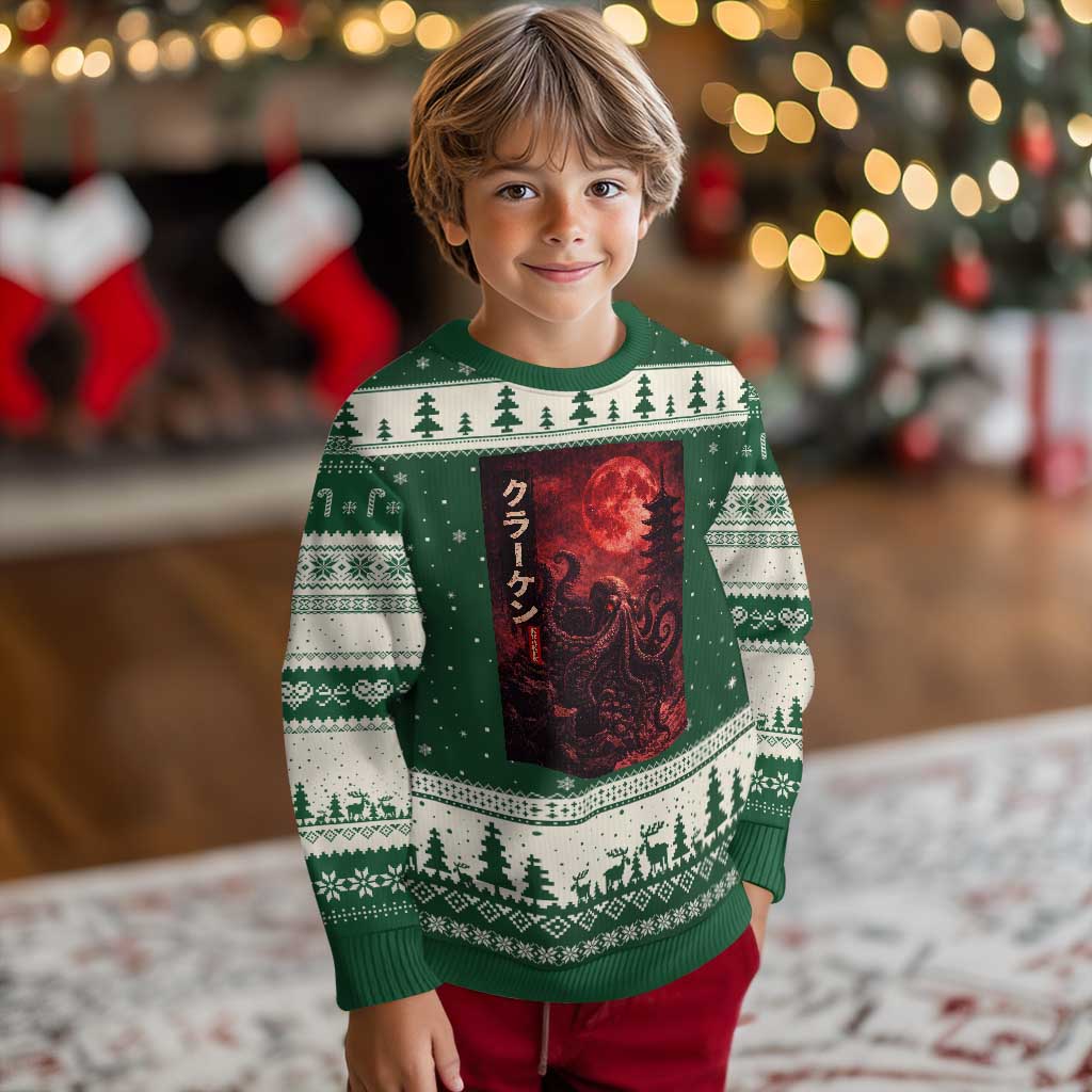 Vintage Sea Monster Ugly Christmas Sweater Horror Japanese Octopus Mythology Temple Red Moon TS10 Forest Green Beige Print Your Wear