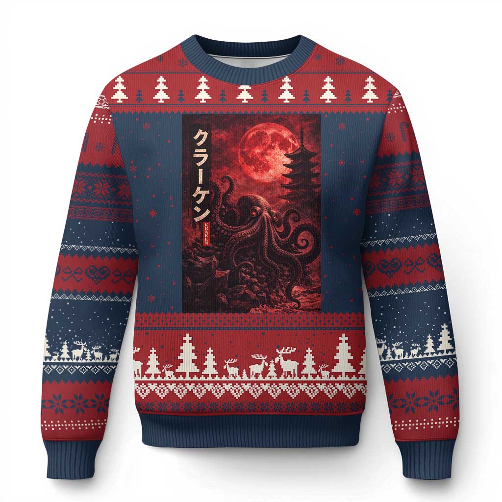 Vintage Sea Monster Ugly Christmas Sweater Horror Japanese Octopus Mythology Temple Red Moon TS10 Navy Red Print Your Wear
