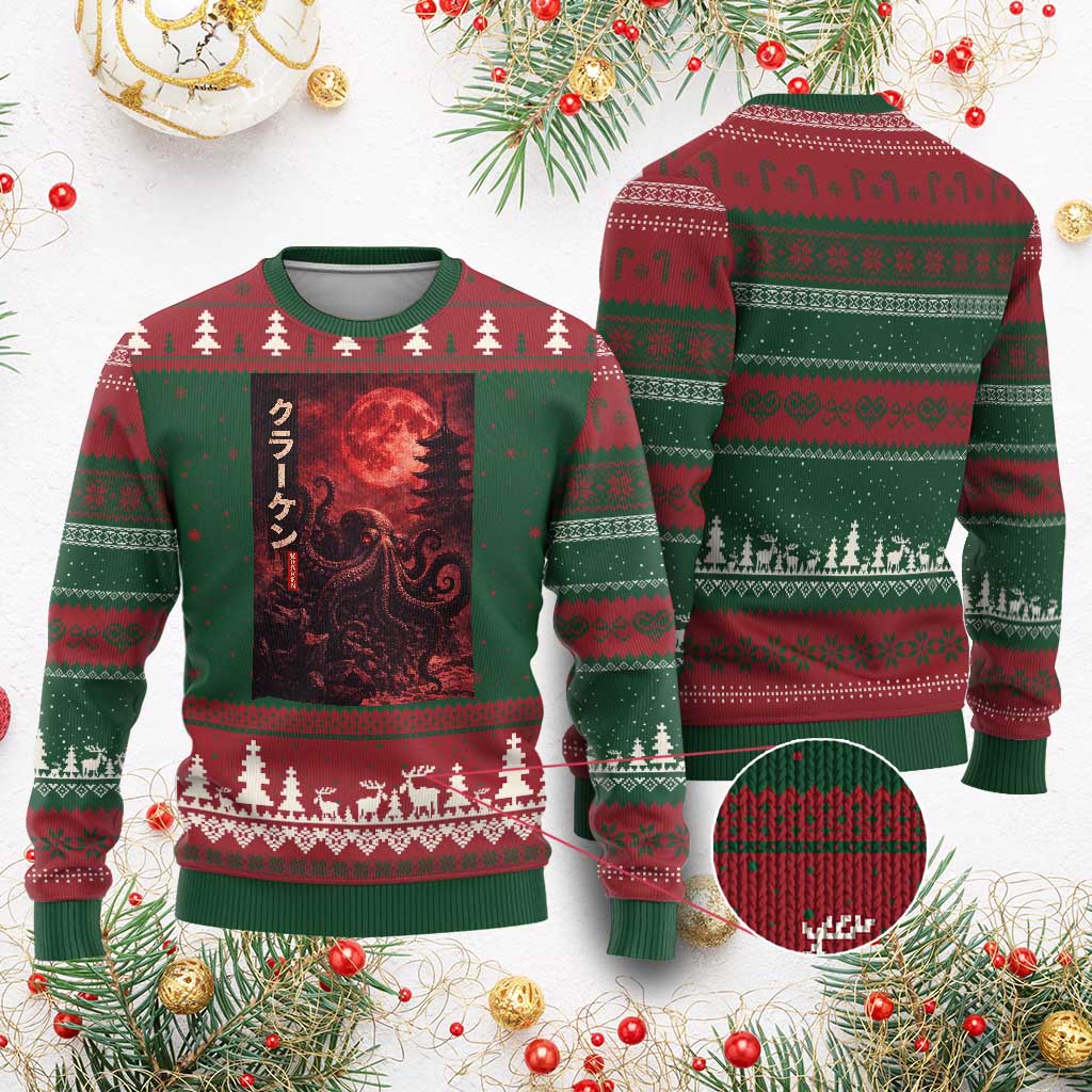 Vintage Sea Monster Ugly Christmas Sweater Horror Japanese Octopus Mythology Temple Red Moon TS10 Red Green Print Your Wear