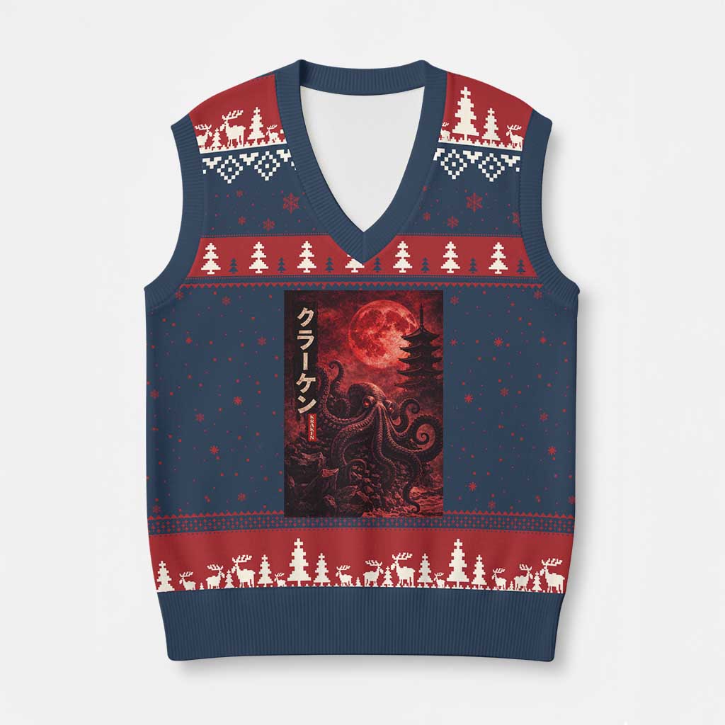 Vintage Sea Monster V-Neck Knit Sweater Vest Horror Japanese Octopus Mythology Temple Red Moon TS10 Navy Red Print Your Wear