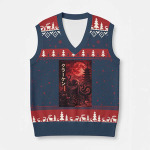 Vintage Sea Monster V-Neck Knit Sweater Vest Horror Japanese Octopus Mythology Temple Red Moon TS10 Navy Red Print Your Wear