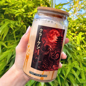Vintage Sea Monster Glass Can Horror Japanese Octopus Mythology Temple Red Moon TS10 Black Print Your Wear