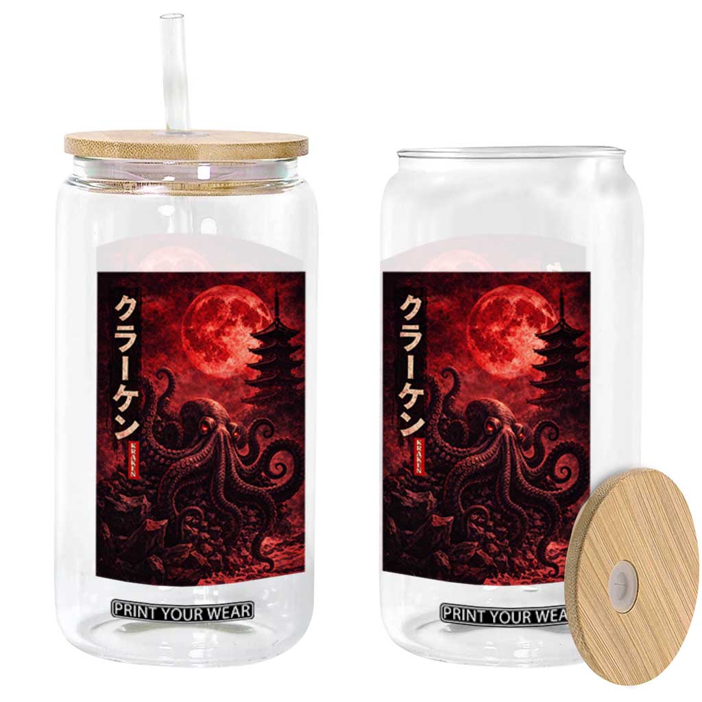 Vintage Sea Monster Glass Can Horror Japanese Octopus Mythology Temple Red Moon TS10 Print Your Wear