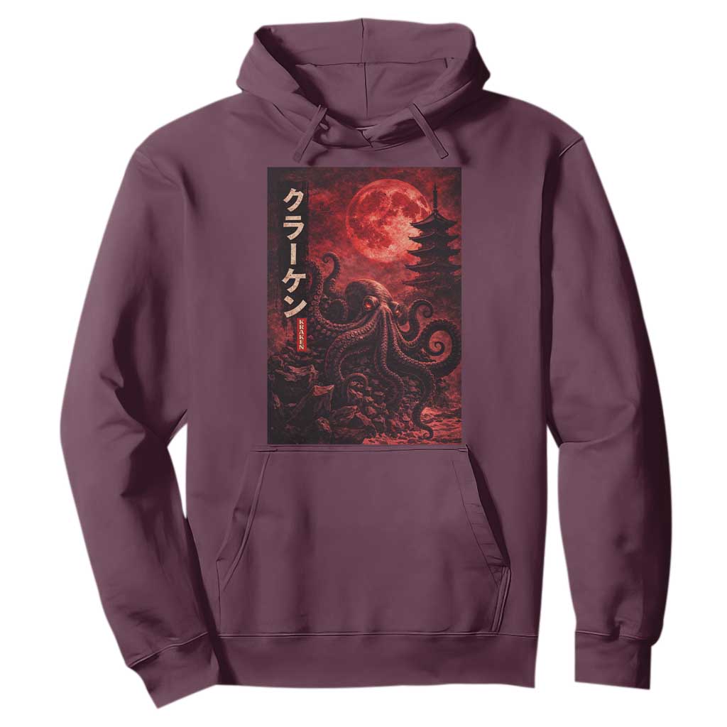 Vintage Sea Monster Hoodie Horror Japanese Octopus Mythology Temple Red Moon TS10 Maroon Print Your Wear