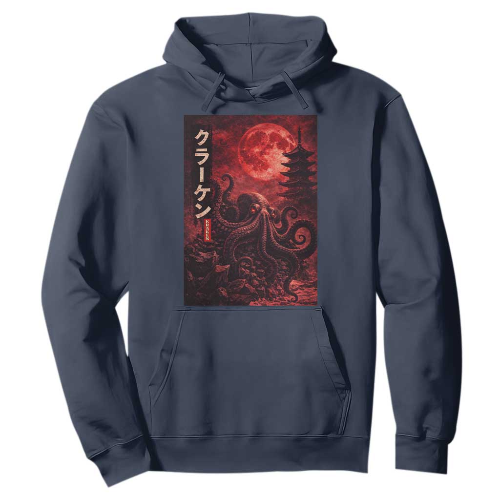 Vintage Sea Monster Hoodie Horror Japanese Octopus Mythology Temple Red Moon TS10 Navy Print Your Wear