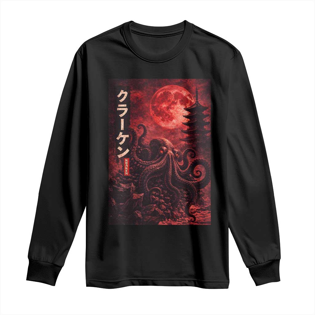 Vintage Sea Monster Long Sleeve Shirt Horror Japanese Octopus Mythology Temple Red Moon TS10 Black Print Your Wear