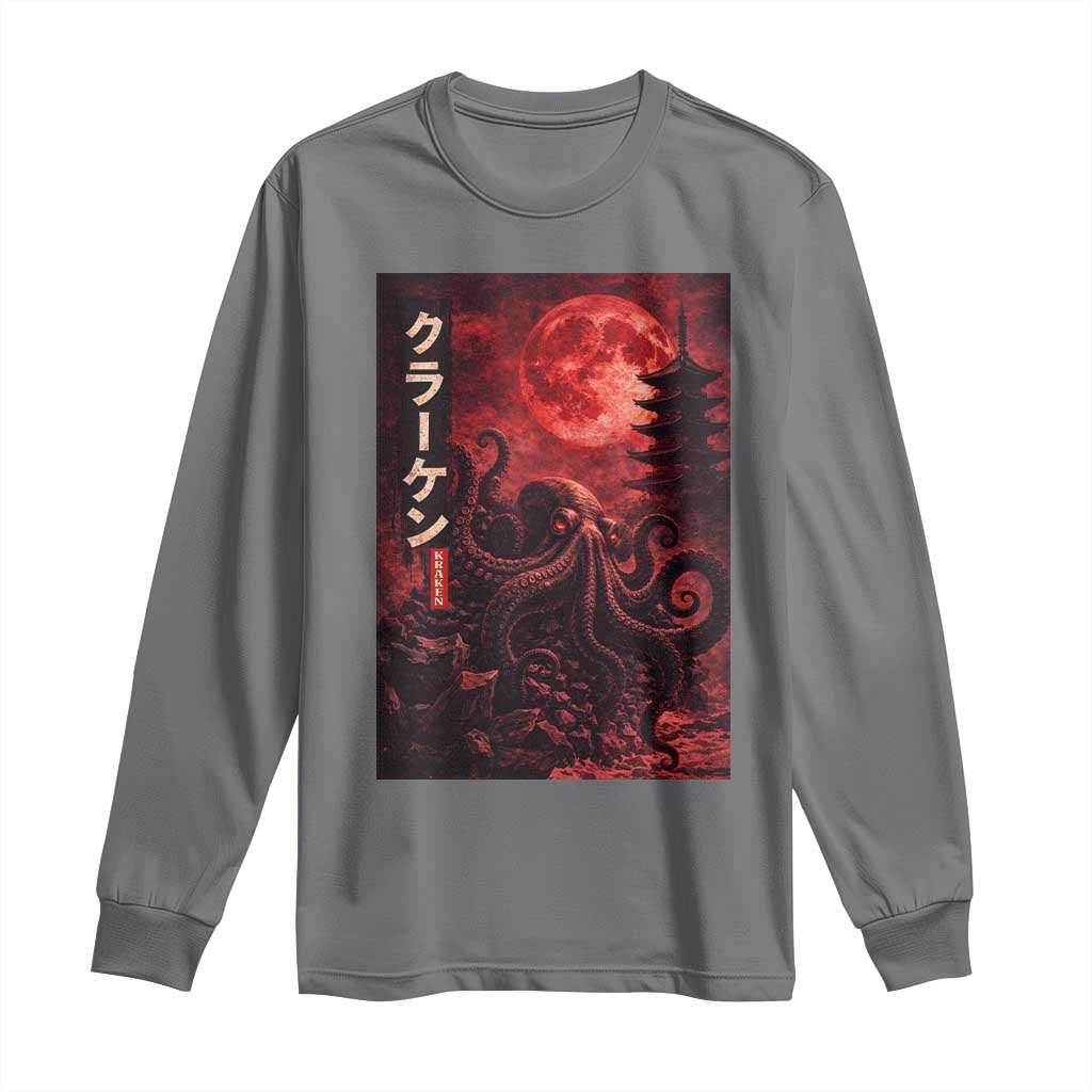 Vintage Sea Monster Long Sleeve Shirt Horror Japanese Octopus Mythology Temple Red Moon TS10 Charcoal Print Your Wear