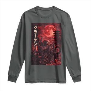 Vintage Sea Monster Long Sleeve Shirt Horror Japanese Octopus Mythology Temple Red Moon TS10 Dark Heather Print Your Wear