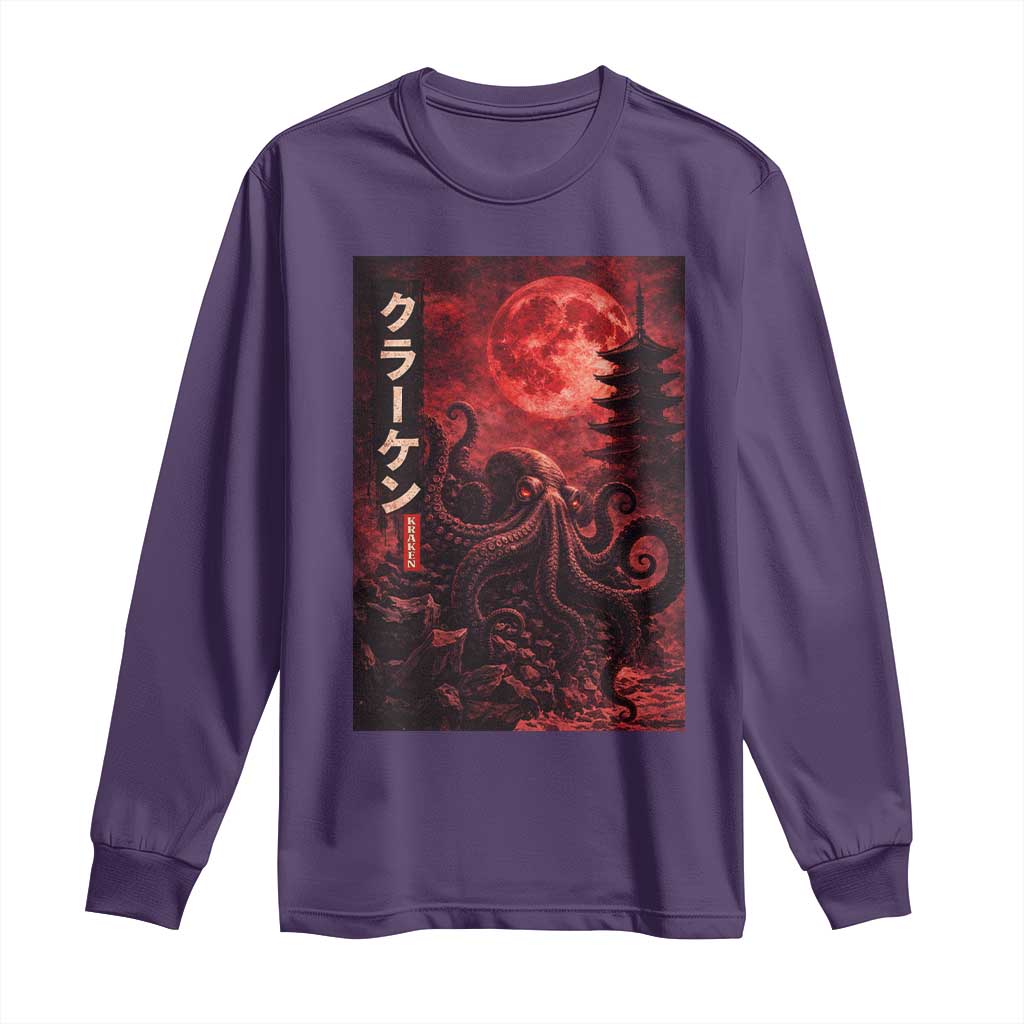 Vintage Sea Monster Long Sleeve Shirt Horror Japanese Octopus Mythology Temple Red Moon TS10 Purple Print Your Wear