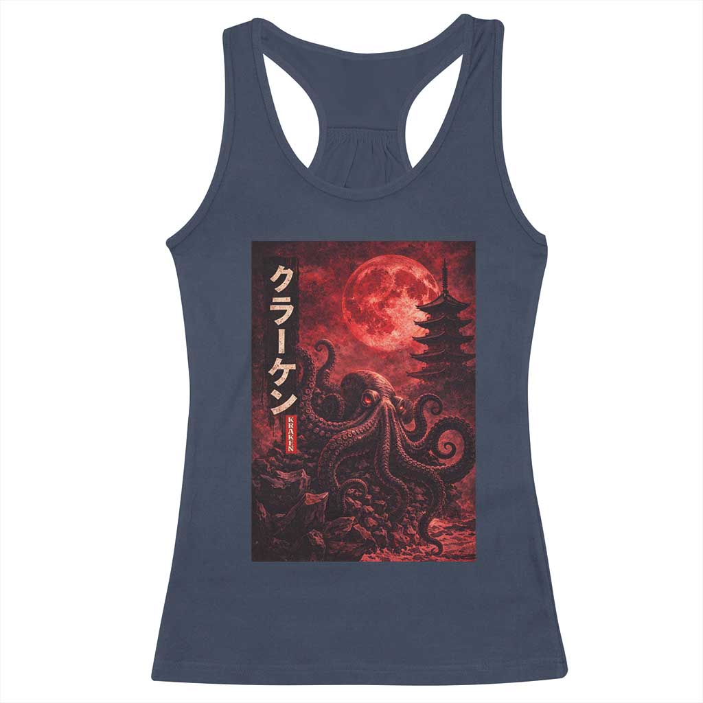 Vintage Sea Monster Racerback Tank Top Horror Japanese Octopus Mythology Temple Red Moon TS10 Navy Print Your Wear