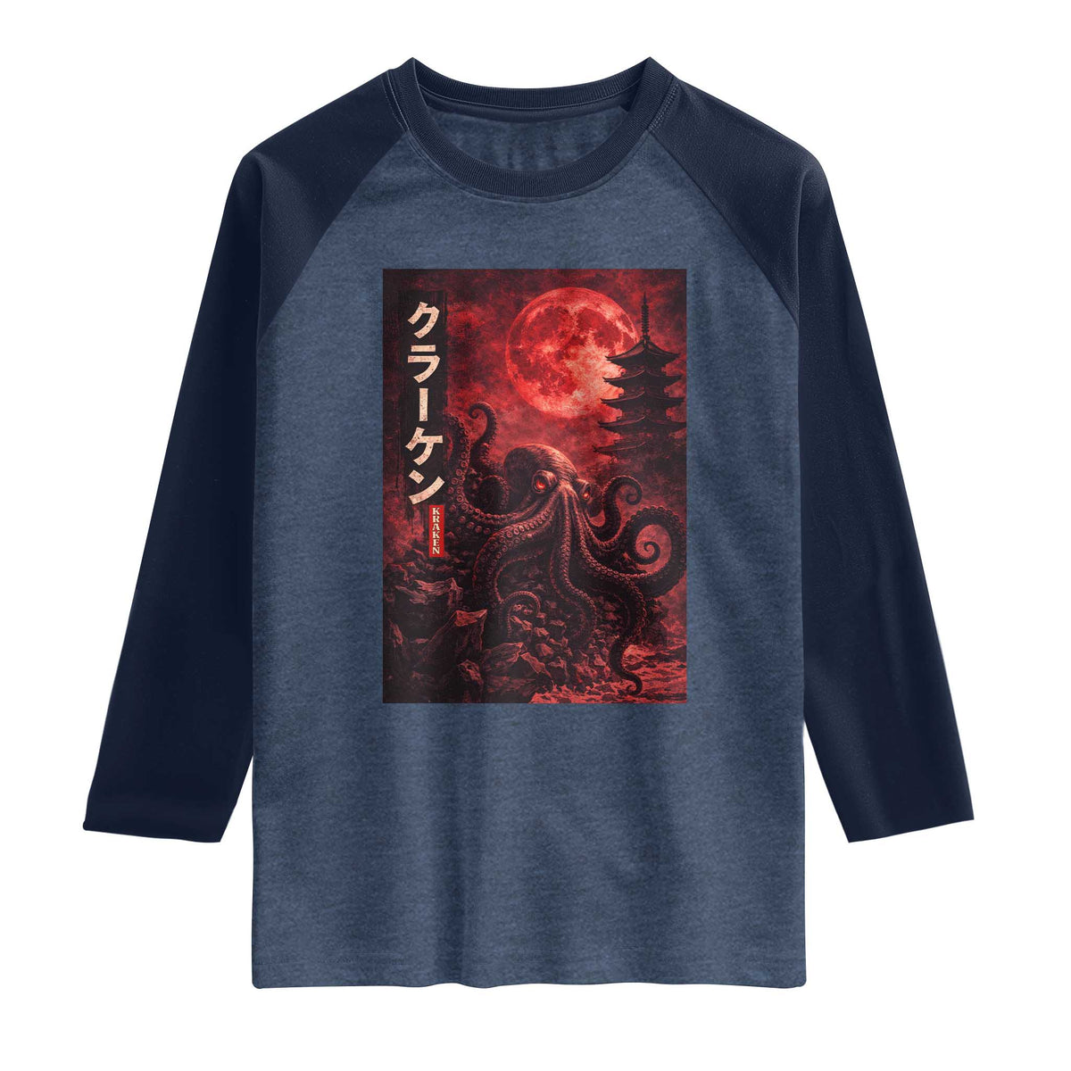 Vintage Sea Monster Raglan Shirt Horror Japanese Octopus Mythology Temple Red Moon TS10 Heather Denim Navy Print Your Wear