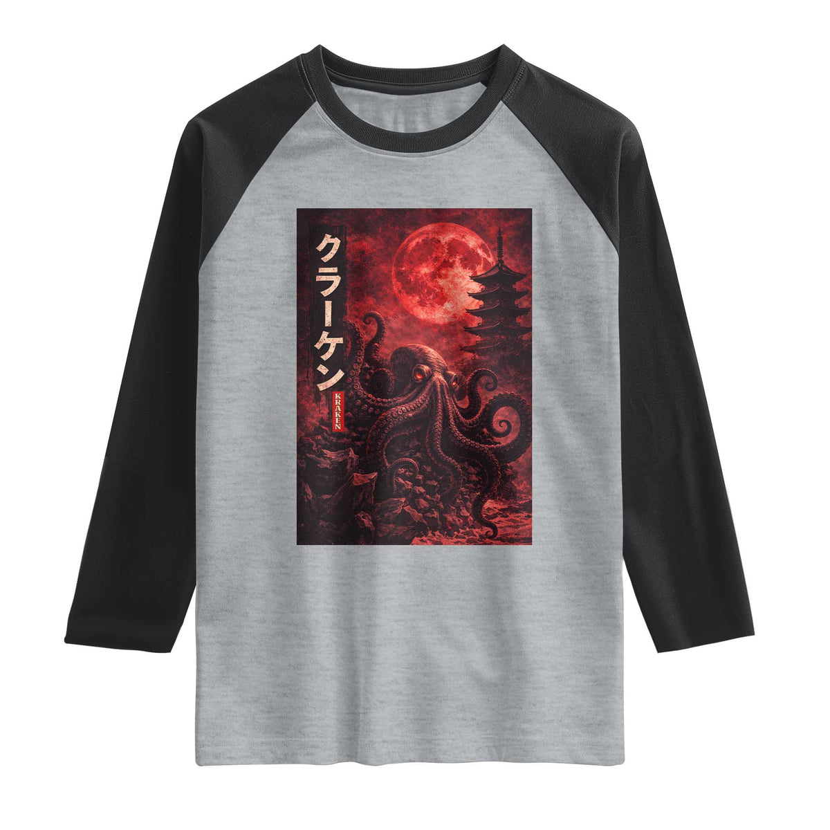 Vintage Sea Monster Raglan Shirt Horror Japanese Octopus Mythology Temple Red Moon TS10 Heather Gray Black Print Your Wear
