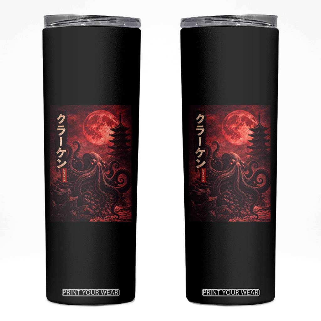 Vintage Sea Monster Skinny Tumbler Horror Japanese Octopus Mythology Temple Red Moon TS10 Black Print Your Wear