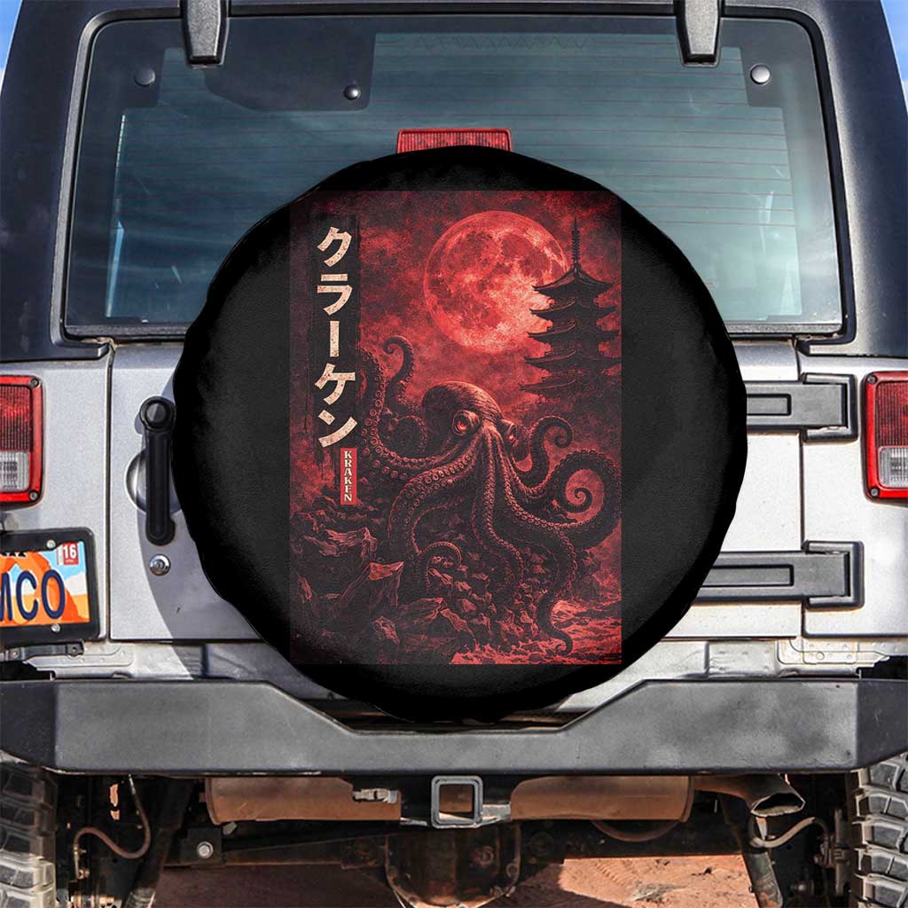 Vintage Sea Monster Spare Tire Cover Horror Japanese Octopus Mythology Temple Red Moon TS10 No hole Black Print Your Wear