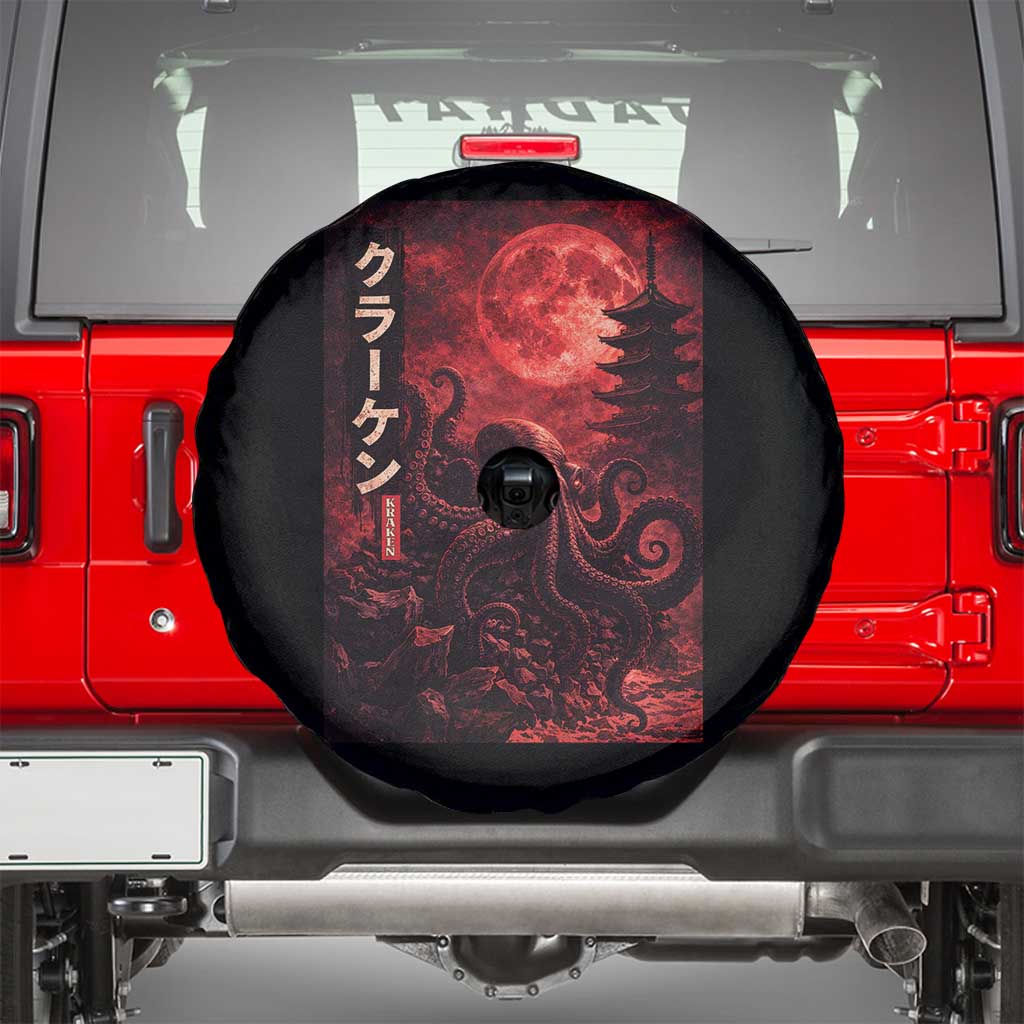 Vintage Sea Monster Spare Tire Cover Horror Japanese Octopus Mythology Temple Red Moon TS10 Black Print Your Wear