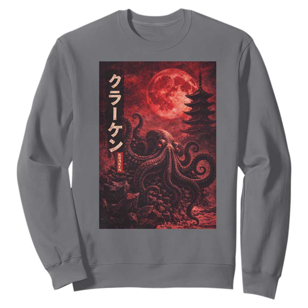 Vintage Sea Monster Sweatshirt Horror Japanese Octopus Mythology Temple Red Moon TS10 Charcoal Print Your Wear