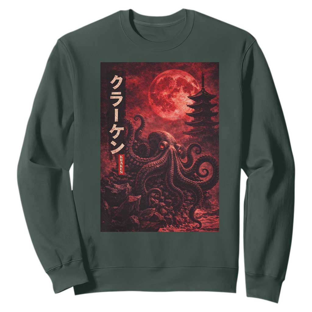 Vintage Sea Monster Sweatshirt Horror Japanese Octopus Mythology Temple Red Moon TS10 Dark Forest Green Print Your Wear