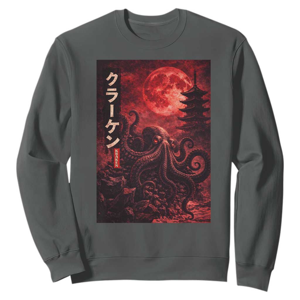 Vintage Sea Monster Sweatshirt Horror Japanese Octopus Mythology Temple Red Moon TS10 Dark Heather Print Your Wear