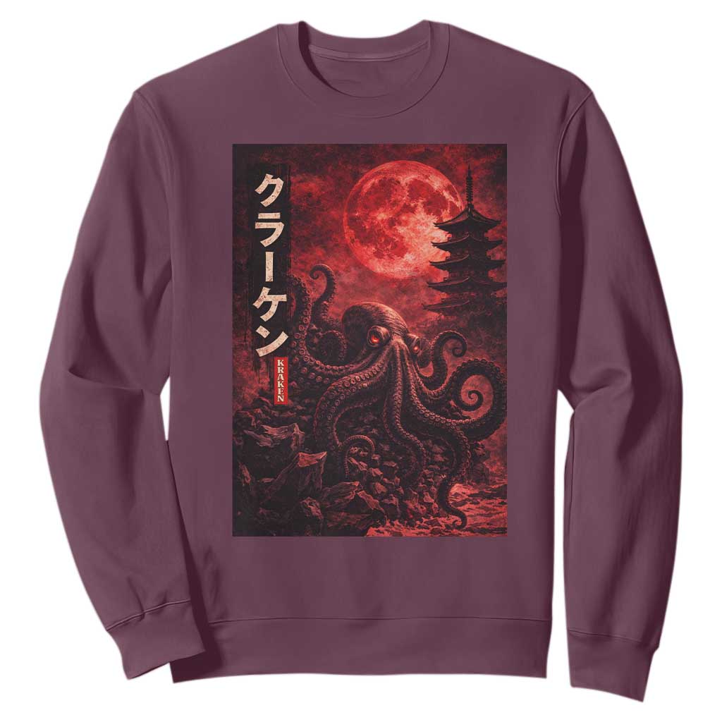 Vintage Sea Monster Sweatshirt Horror Japanese Octopus Mythology Temple Red Moon TS10 Maroon Print Your Wear