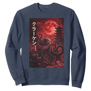 Vintage Sea Monster Sweatshirt Horror Japanese Octopus Mythology Temple Red Moon TS10 Navy Print Your Wear