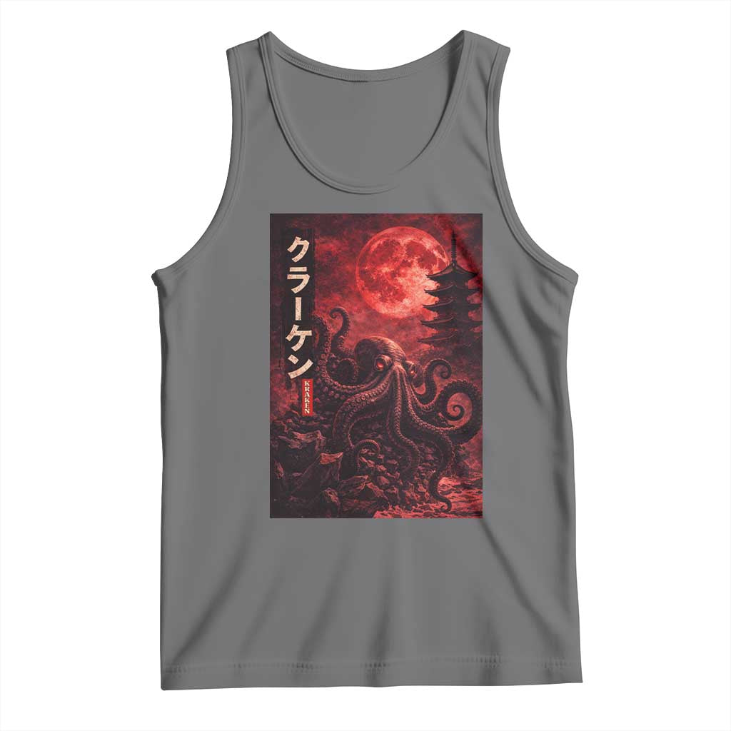 Vintage Sea Monster Tank Top Horror Japanese Octopus Mythology Temple Red Moon TS10 Black Heather Print Your Wear
