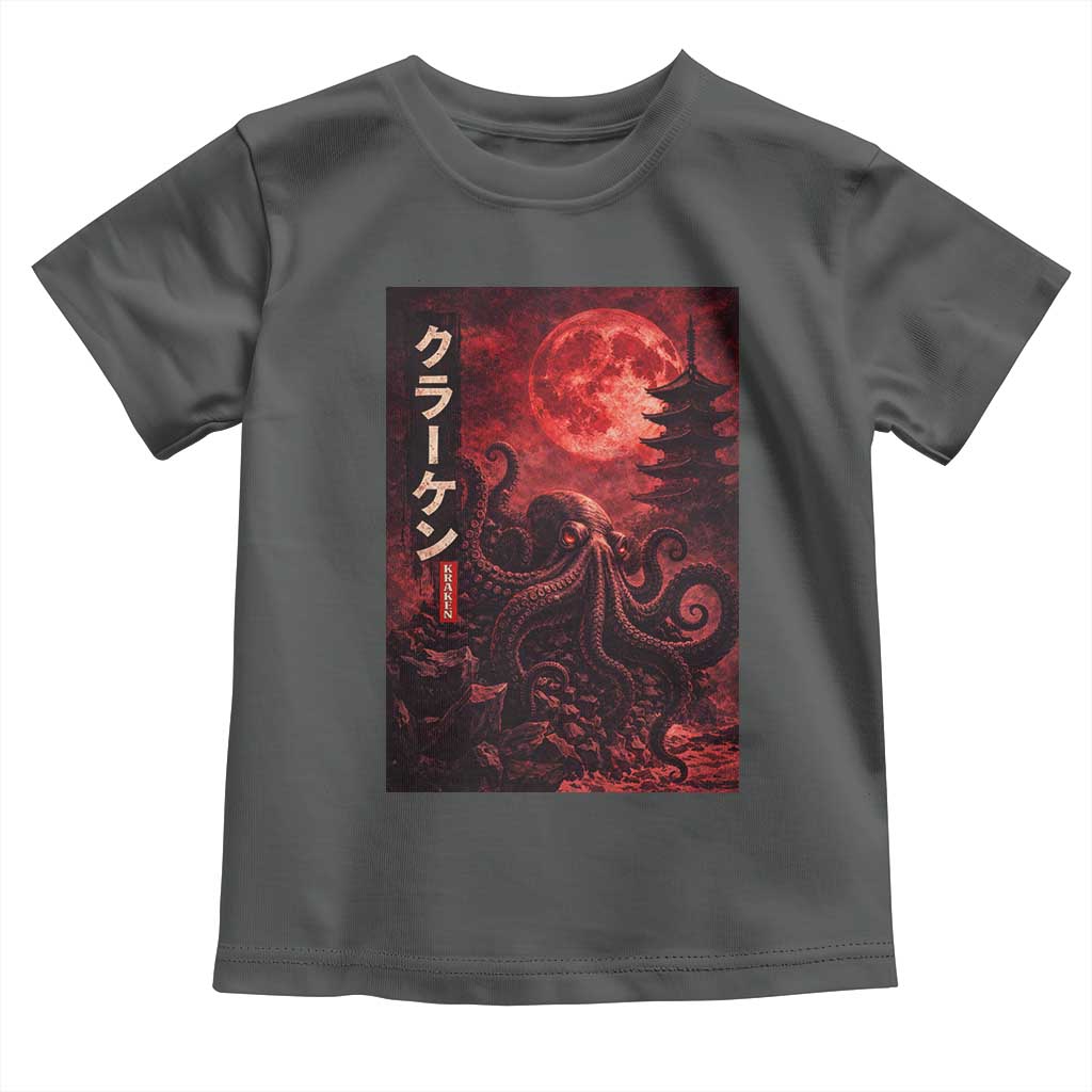 Vintage Sea Monster Toddler T Shirt Horror Japanese Octopus Mythology Temple Red Moon TS10 Dark Heather Print Your Wear