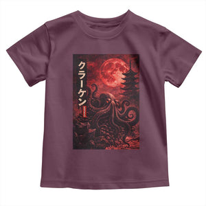 Vintage Sea Monster Toddler T Shirt Horror Japanese Octopus Mythology Temple Red Moon TS10 Maroon Print Your Wear