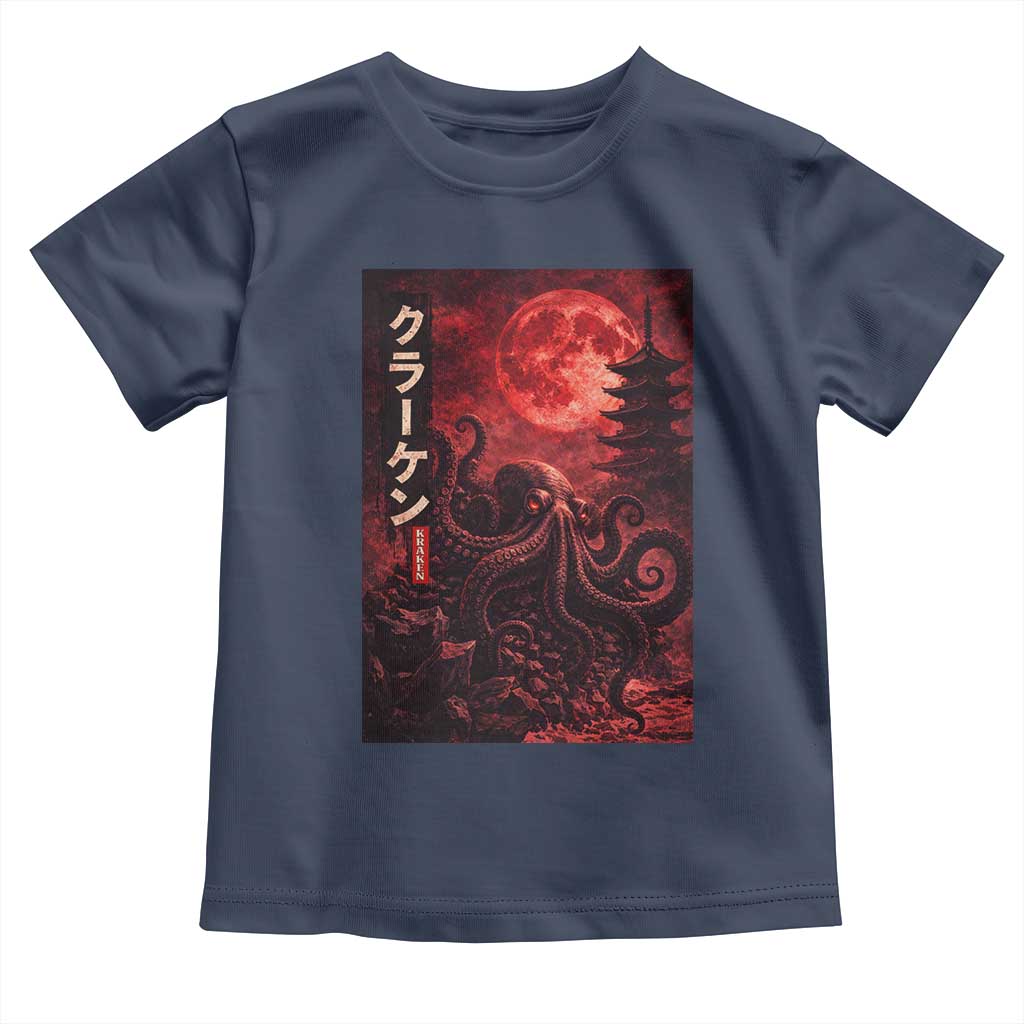 Vintage Sea Monster Toddler T Shirt Horror Japanese Octopus Mythology Temple Red Moon TS10 Navy Print Your Wear