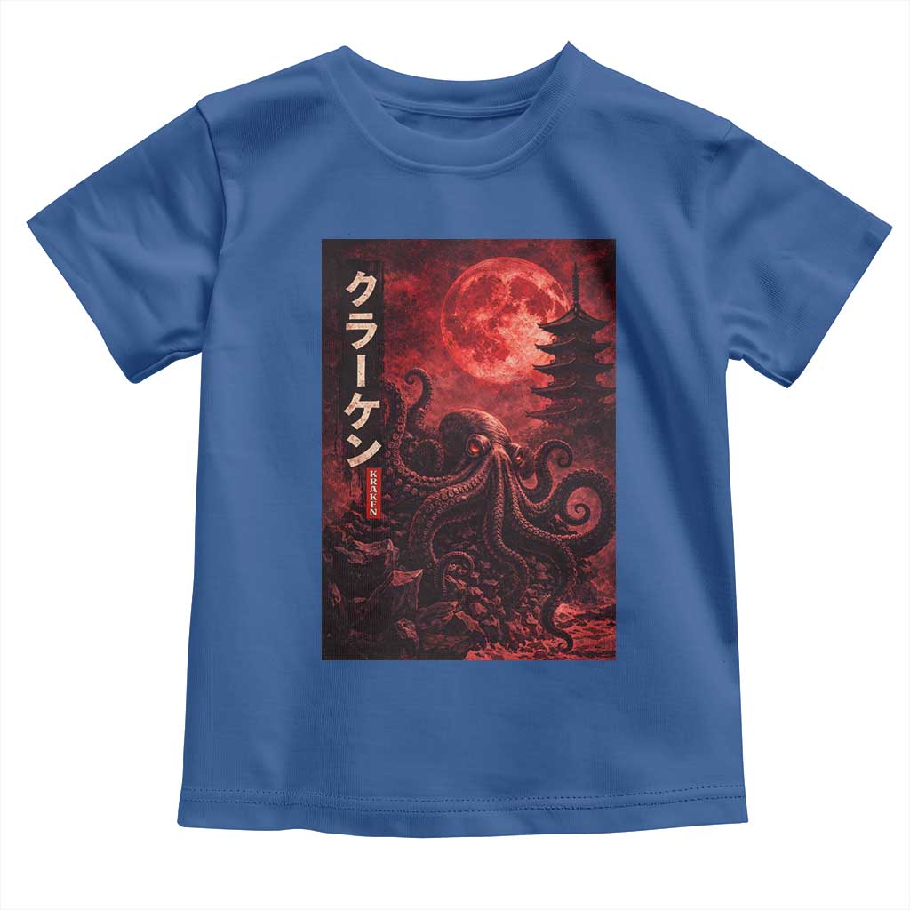 Vintage Sea Monster Toddler T Shirt Horror Japanese Octopus Mythology Temple Red Moon TS10 Royal Blue Print Your Wear
