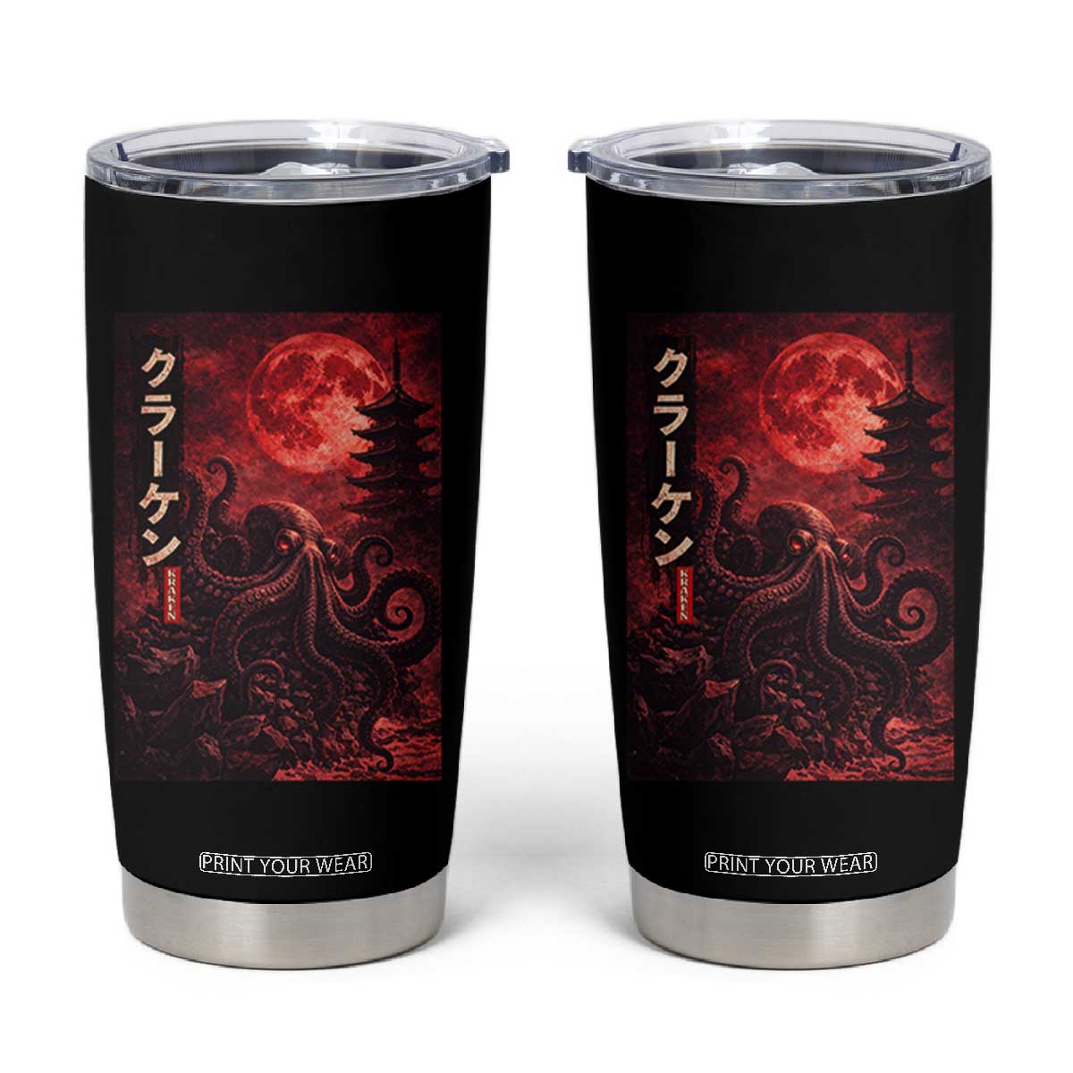 Vintage Sea Monster Tumbler Cup Horror Japanese Octopus Mythology Temple Red Moon TS10 Black Print Your Wear