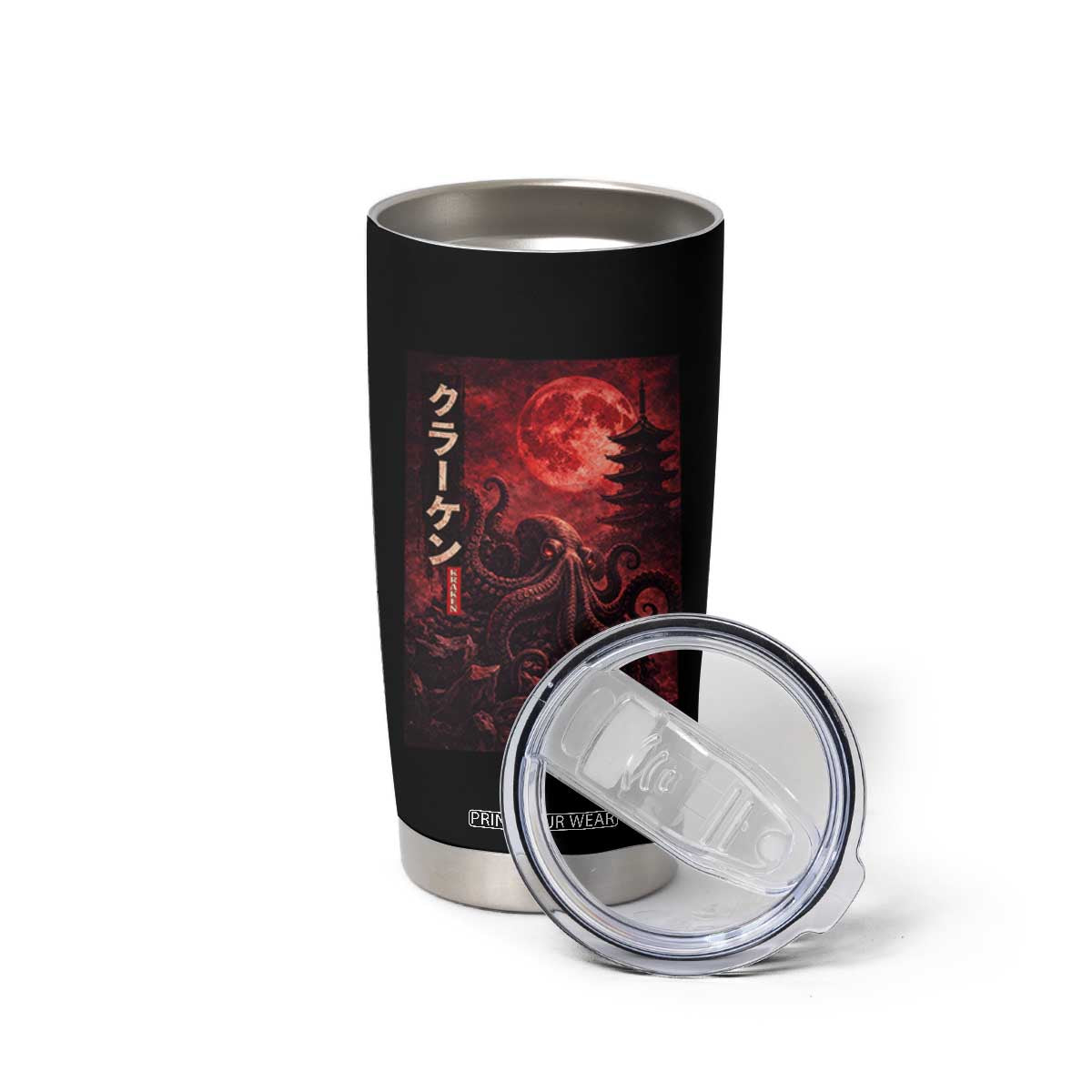 Vintage Sea Monster Tumbler Cup Horror Japanese Octopus Mythology Temple Red Moon TS10 Print Your Wear