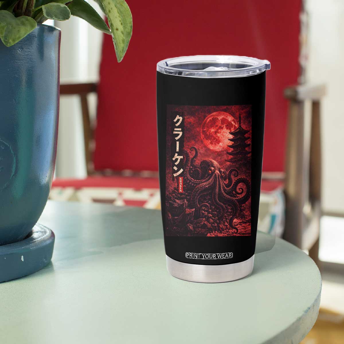 Vintage Sea Monster Tumbler Cup Horror Japanese Octopus Mythology Temple Red Moon TS10 Print Your Wear