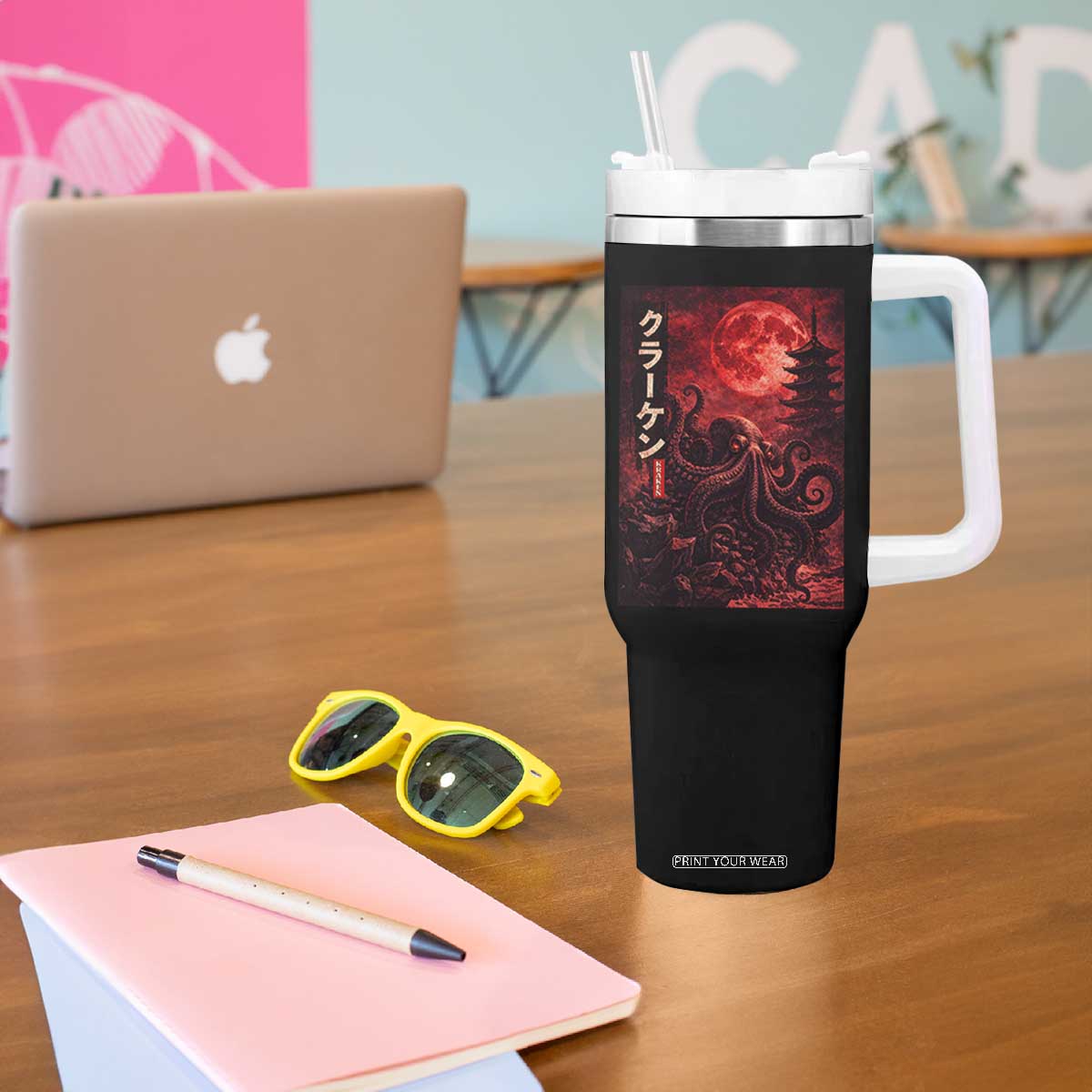 Vintage Sea Monster Tumbler With Handle Horror Japanese Octopus Mythology Temple Red Moon TS10 Print Your Wear