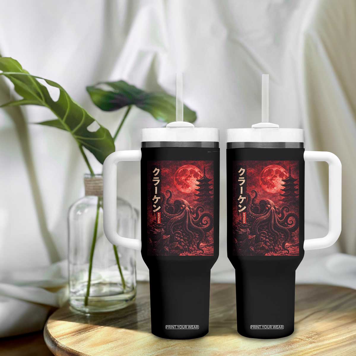 Vintage Sea Monster Tumbler With Handle Horror Japanese Octopus Mythology Temple Red Moon TS10 Print Your Wear