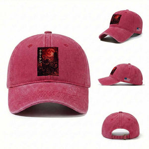 Vintage Sea Monster Washed Cotton Baseball Cap Horror Japanese Octopus Mythology Temple Red Moon TS10 Washed Cap Universal Fit Red Print Your Wear