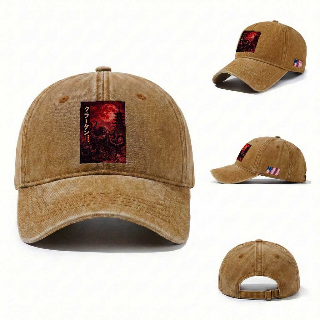 Vintage Sea Monster Washed Cotton Baseball Cap Horror Japanese Octopus Mythology Temple Red Moon TS10 Washed Cap Universal Fit Yellow Ochre Print Your Wear