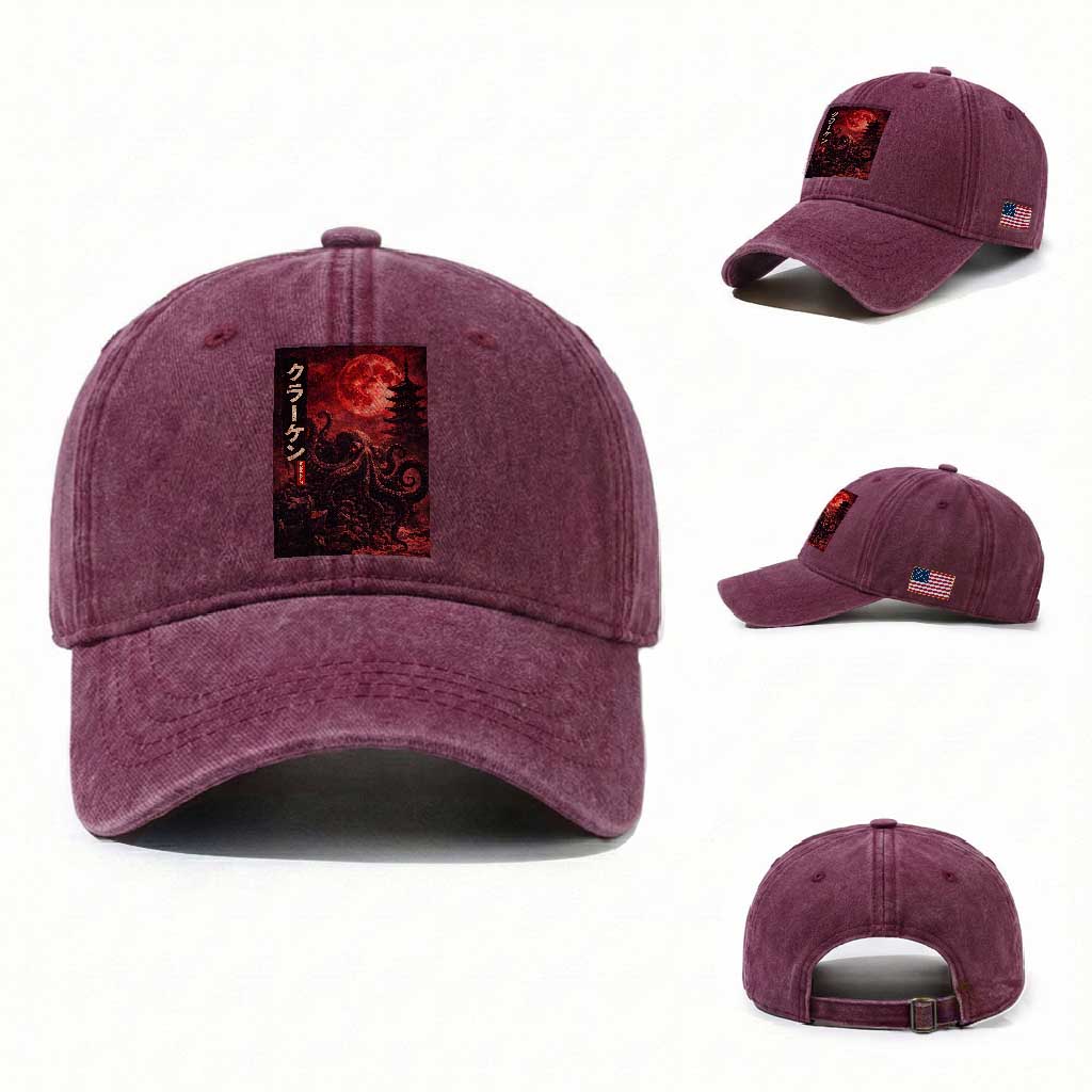 Vintage Sea Monster Washed Cotton Baseball Cap Horror Japanese Octopus Mythology Temple Red Moon TS10 Washed Cap Universal Fit Burgundy Print Your Wear